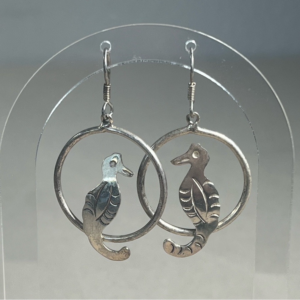 Vintage Taxco Mexico Sterling Silver Hoop Earrings with Bird French Hook **Read*